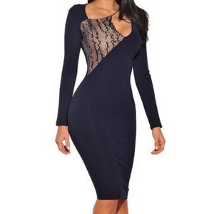 Cocktail Cut out Navy Blue Long Sleeve Stretch Crepe Dress